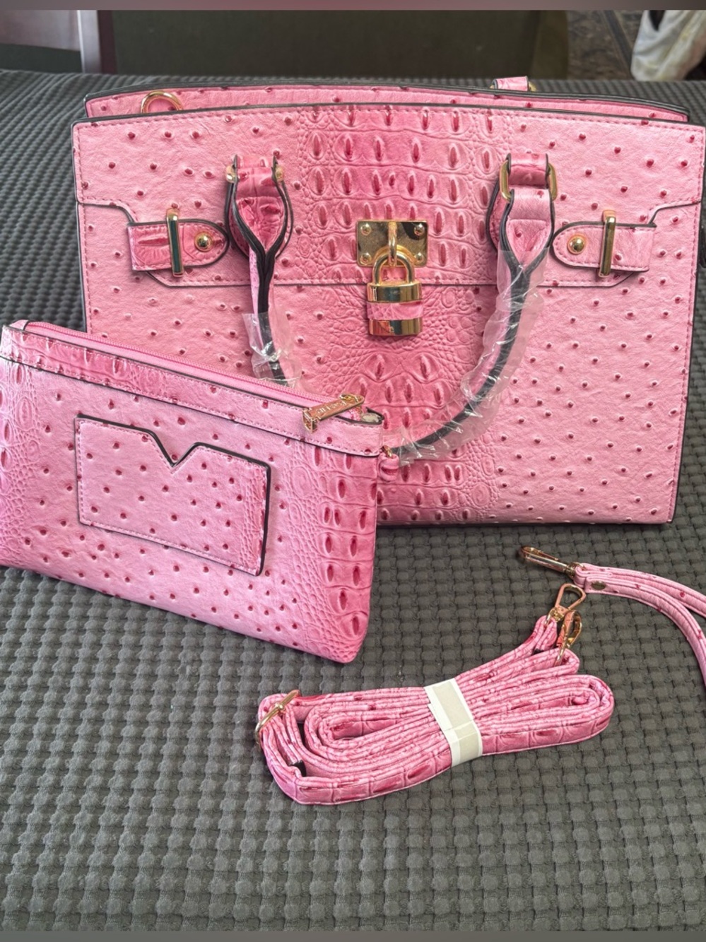 Dasein Pink Faux Ostrich Style Hand Bag, Purse, Crossbody, Satchel, Roomy - Picture 2 of 14